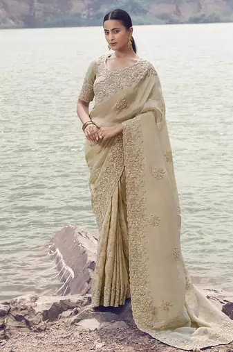 Beige tissue silk with jaquard with designer blouse wedding wear saree
