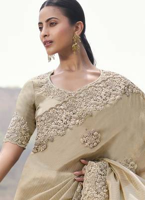 Beige tissue silk with jaquard with designer blouse wedding wear saree 2