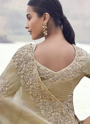 Beige tissue silk with jaquard with designer blouse wedding wear saree 3