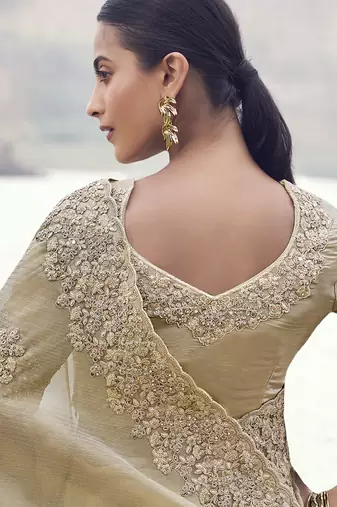Beige tissue silk with jaquard with designer blouse wedding wear saree