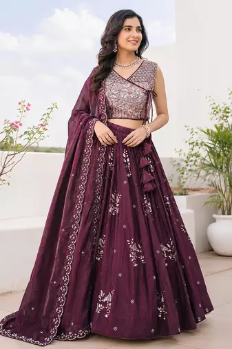 Wine Purple Designer Lehenga Choli with Heavy Silver Bead & Sequin Work Dupatta