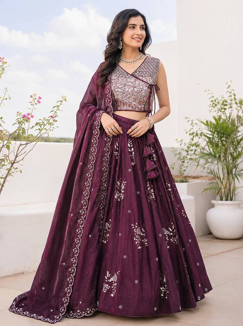 Wine Purple Designer Lehenga Choli with Heavy Silver Bead & Sequin Work Dupatta