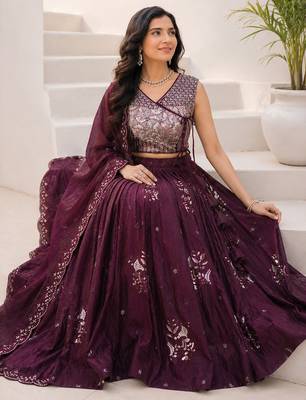 Wine Purple Designer Lehenga Choli with Heavy Silver Bead & Sequin Work Dupatta 2
