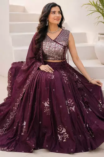 Wine Purple Designer Lehenga Choli with Heavy Silver Bead & Sequin Work Dupatta
