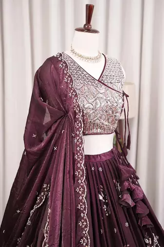 Wine Purple Designer Lehenga Choli with Heavy Silver Bead & Sequin Work Dupatta