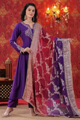 Purple Zari Embroidered Anarkali Set with Ombre Dupatta