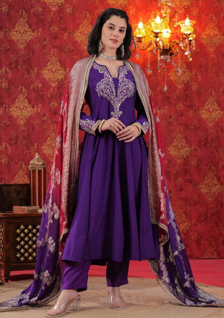 Purple Zari Embroidered Anarkali Set with Ombre Dupatta