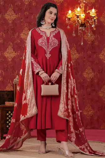 Red Zari Embroidered Anarkali Set with Ombre Dupatta