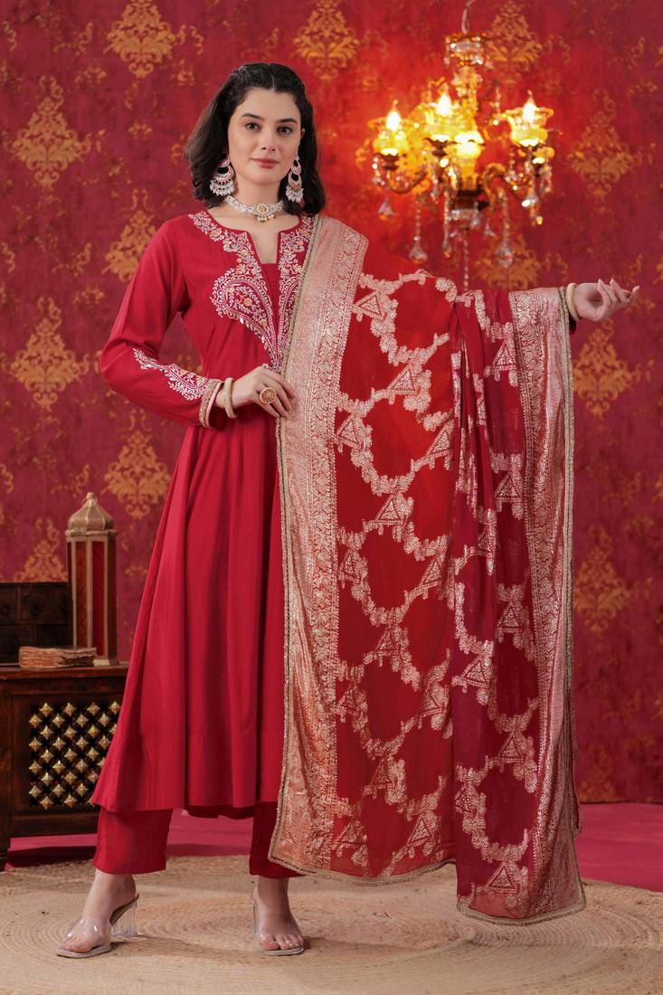 Red Zari Embroidered Anarkali Set with Ombre Dupatta