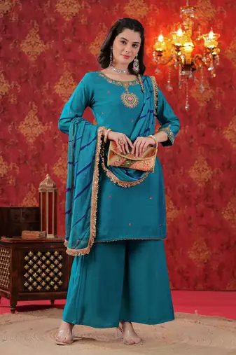 Turquoise Hand Work Sharara Set with Leheriya Dupatta