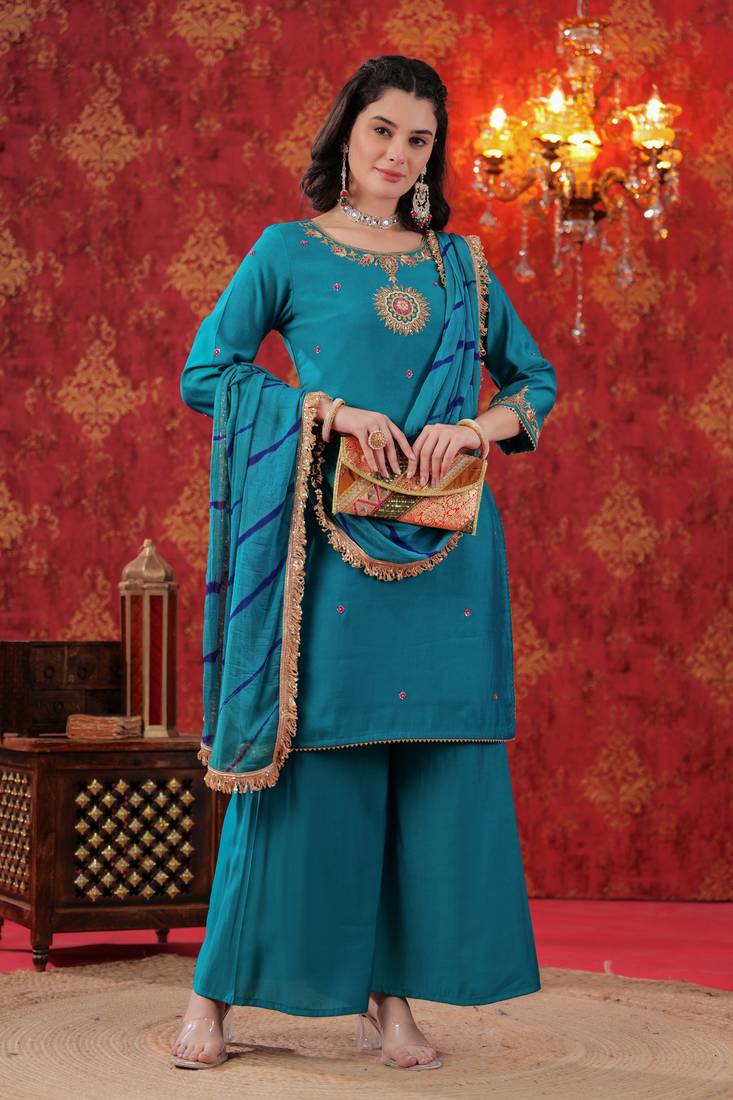 Turquoise Hand Work Sharara Set with Leheriya Dupatta