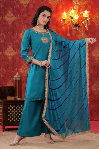 Turquoise Hand Work Sharara Set with Leheriya Dupatta