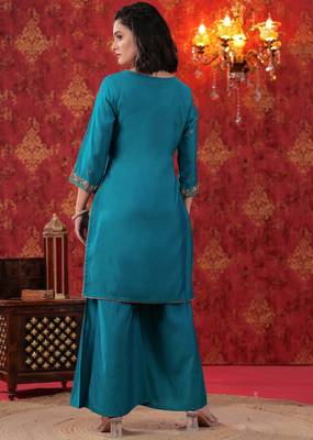 Turquoise Hand Work Sharara Set with Leheriya Dupatta 3