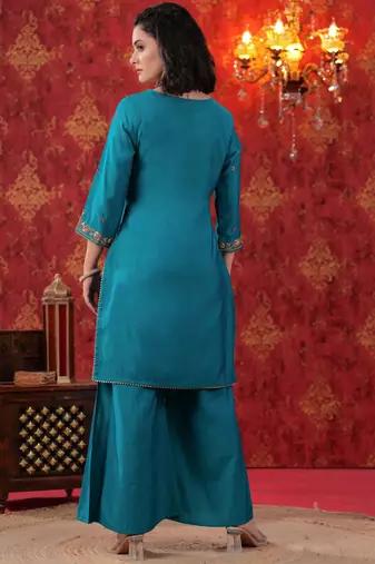 Turquoise Hand Work Sharara Set with Leheriya Dupatta