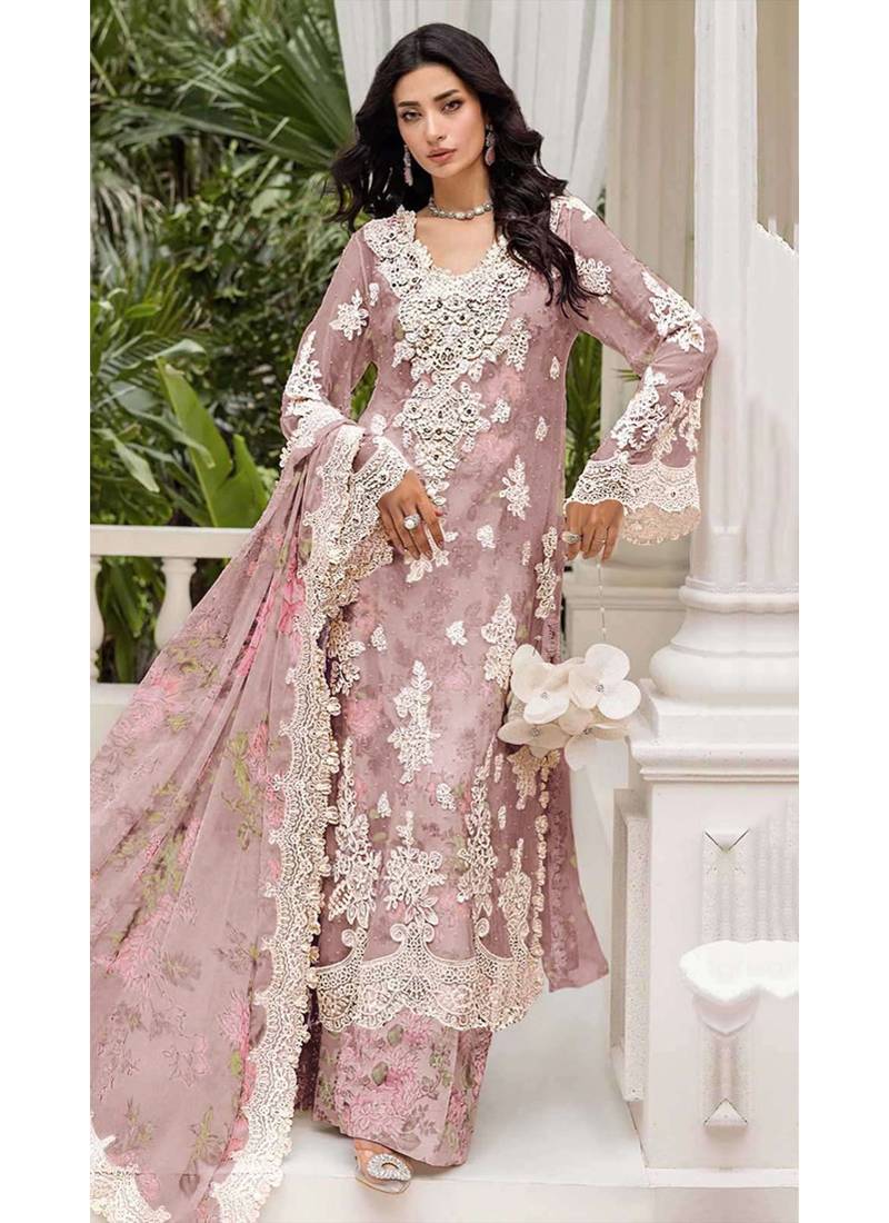 Pink floral lace embroidery & sequence work pakistani salwar suit