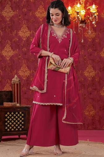 Cherry Red Hand Work Sharara Set with Leheriya Dupatta