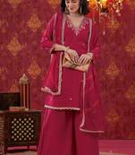 Cherry Red Hand Work Sharara Set with Leheriya Dupatta