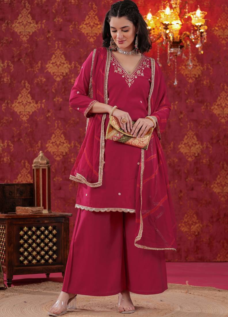Cherry Red Hand Work Sharara Set with Leheriya Dupatta