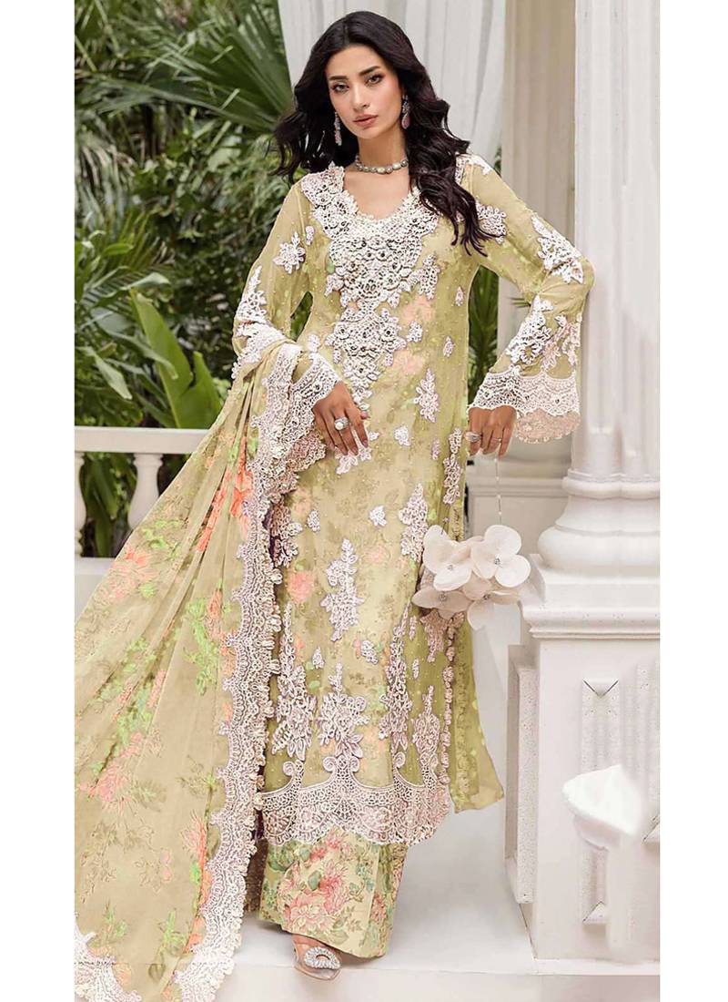 Yellow floral lace embroidery & sequence work pakistani salwar suit