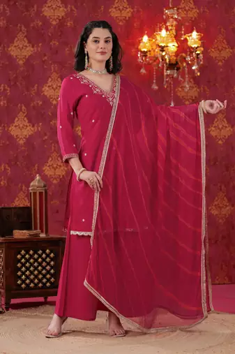 Cherry Red Hand Work Sharara Set with Leheriya Dupatta