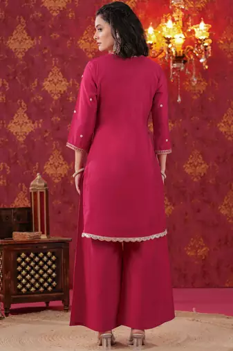 Cherry Red Hand Work Sharara Set with Leheriya Dupatta