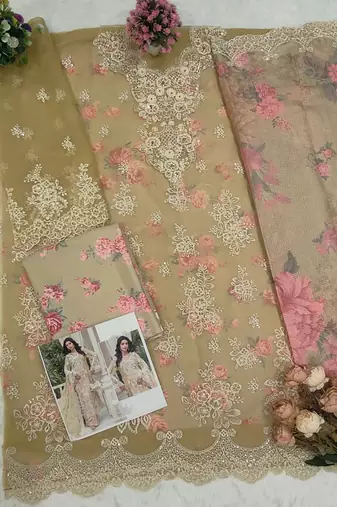 Yellow floral lace embroidery & sequence work pakistani salwar suit
