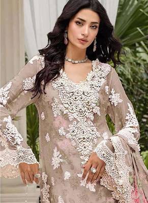 Peach floral lace embroidery & sequence work pakistani salwar suit 2