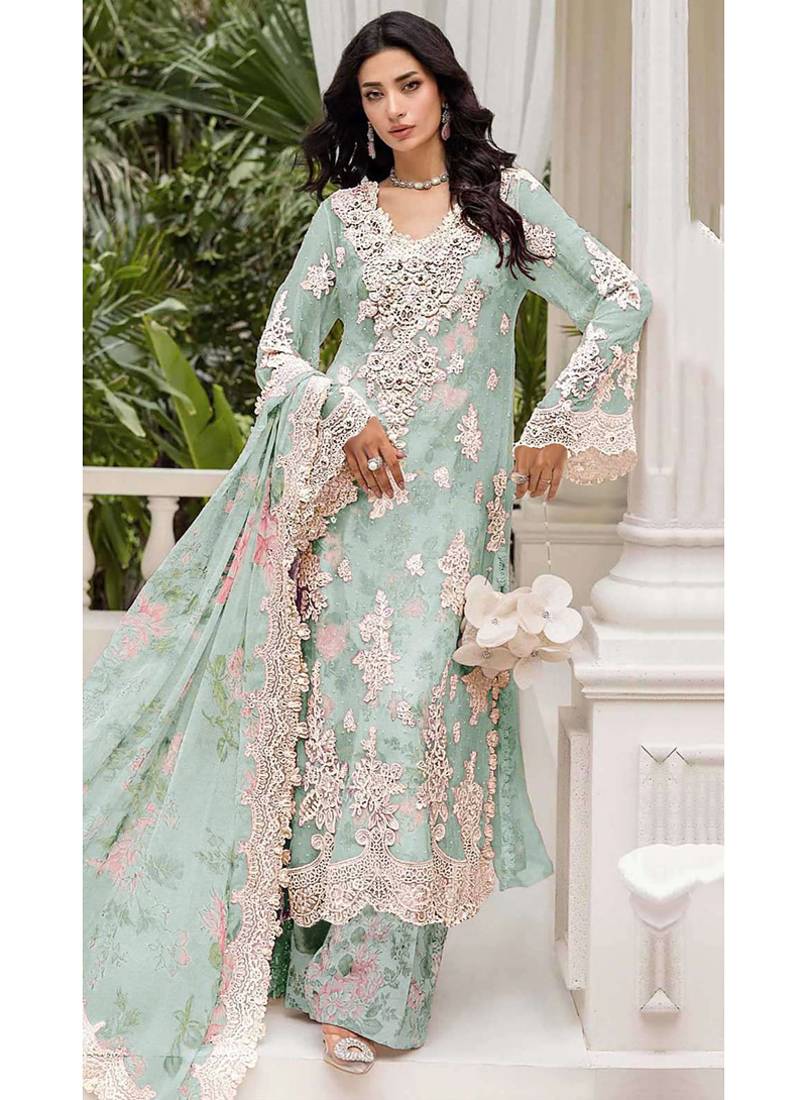 Skyblue floral lace embroidery & sequence work pakistani salwar suit