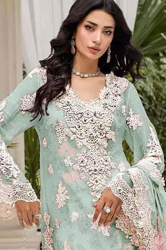 Skyblue floral lace embroidery & sequence work pakistani salwar suit