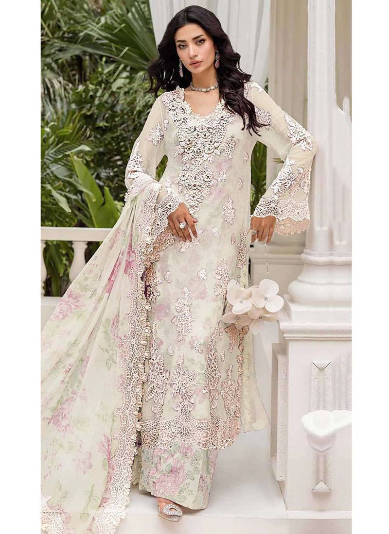 Off-white floral lace embroidery & sequence work pakistani salwar suit