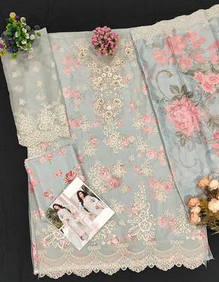 Skyblue floral lace embroidery & sequence work pakistani salwar suit 3