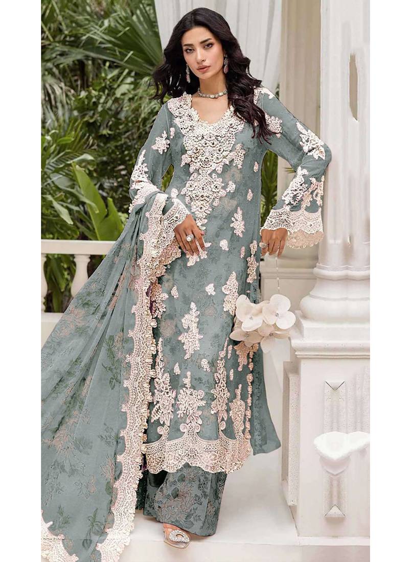 Grey floral lace embroidery & sequence work pakistani salwar suit