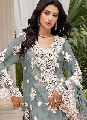 Grey floral lace embroidery & sequence work pakistani salwar suit 2