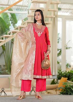 Red Mirror Work Anarkali Set with Tissue Dupatta 1