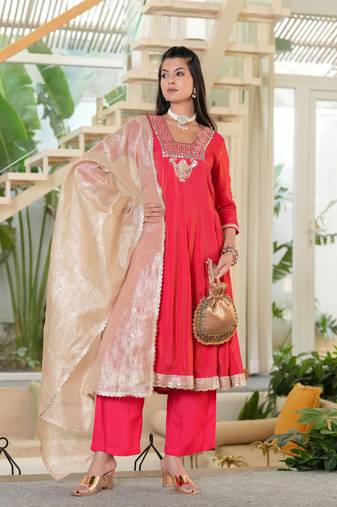 Red Mirror Work Anarkali Set with Tissue Dupatta