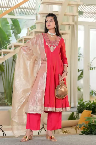 Red Mirror Work Anarkali Set with Tissue Dupatta