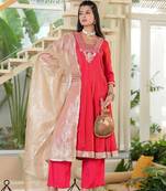 Red Mirror Work Anarkali Set with Tissue Dupatta