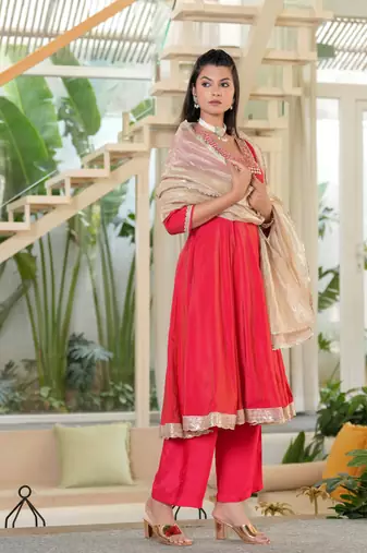 Red Mirror Work Anarkali Set with Tissue Dupatta
