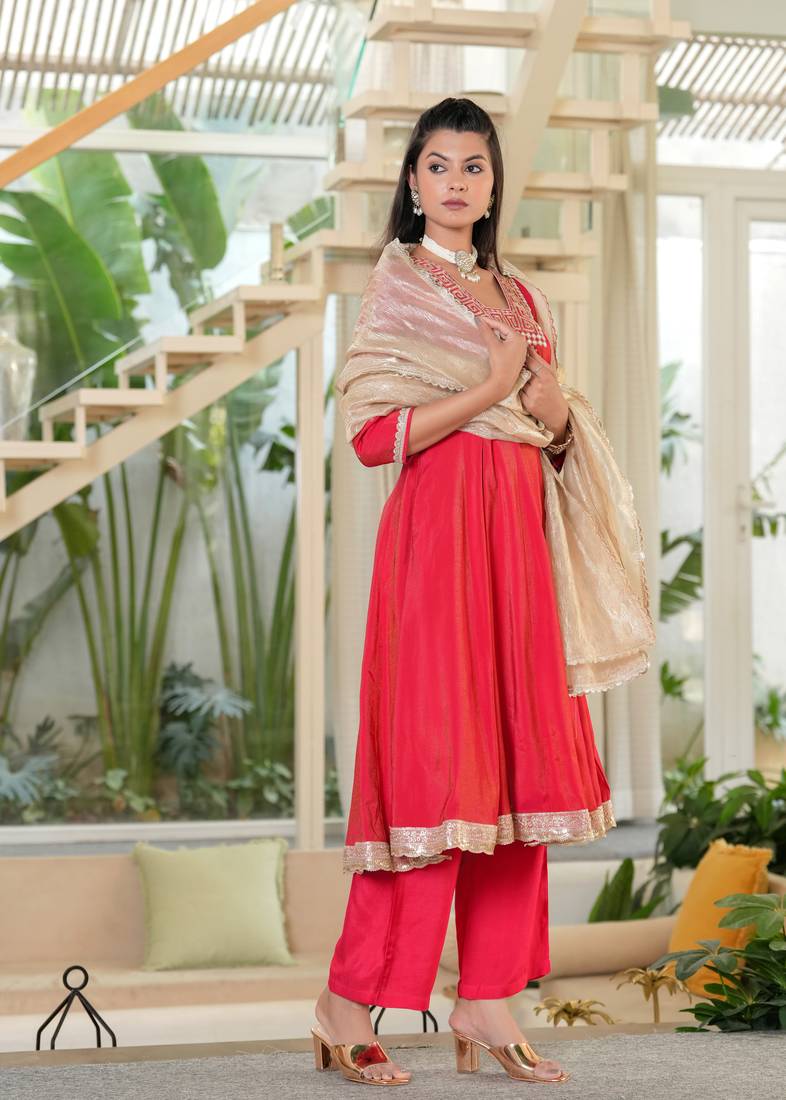 Red Mirror Work Anarkali Set with Tissue Dupatta