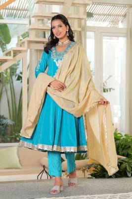 Turquoise Mirror Work Anarkali Set with Tissue Dupatta 1