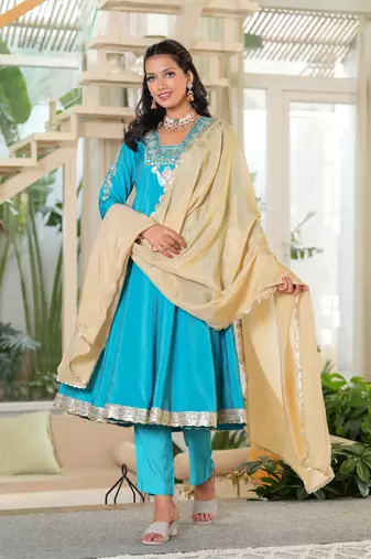 Turquoise Mirror Work Anarkali Set with Tissue Dupatta