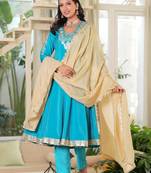 Turquoise Mirror Work Anarkali Set with Tissue Dupatta
