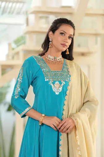 Turquoise Mirror Work Anarkali Set with Tissue Dupatta
