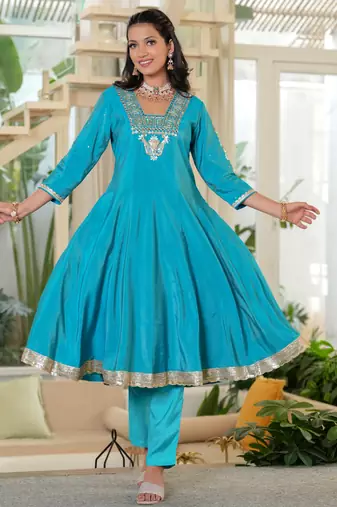 Turquoise Mirror Work Anarkali Set with Tissue Dupatta
