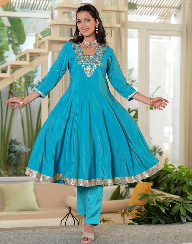 Turquoise Mirror Work Anarkali Set with Tissue Dupatta