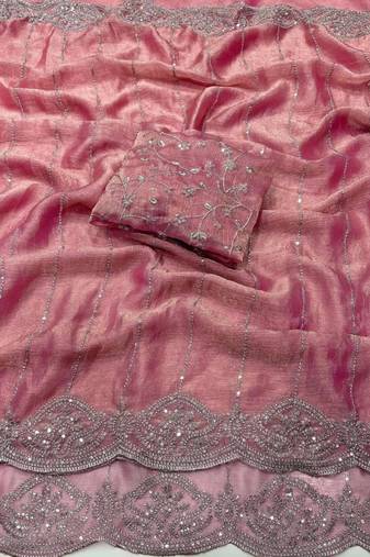 Pink color sequence embroidery work with cut work border chiffon silk saree