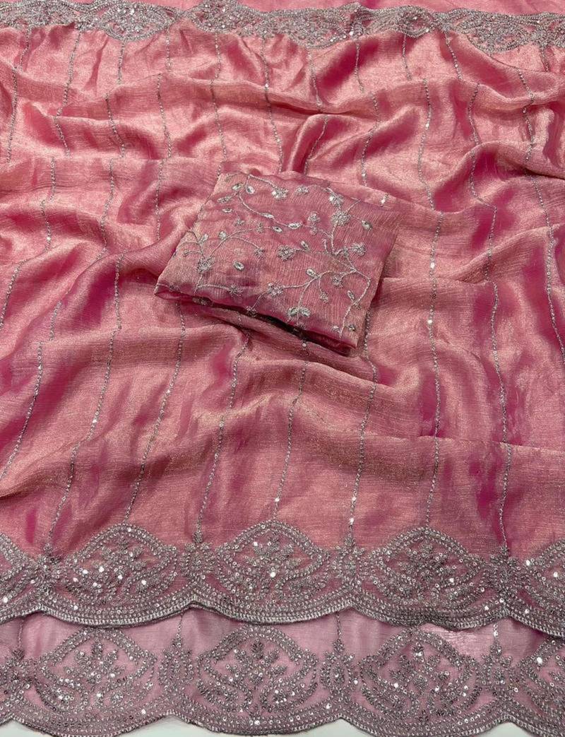 Pink color sequence embroidery work with cut work border chiffon silk saree
