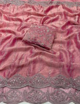 Pink color sequence embroidery work with cut work border chiffon silk saree 1