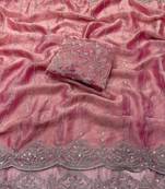 Pink color sequence embroidery work with cut work border chiffon silk saree