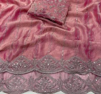 Pink color sequence embroidery work with cut work border chiffon silk saree 2